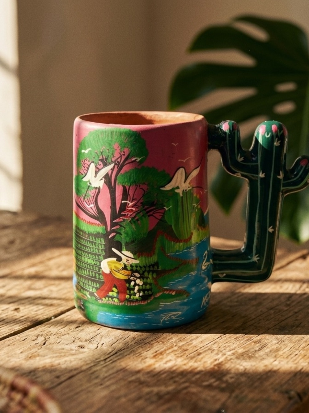 Hand Painted Mexican Folk Art Cactus Handle Mug Pottery Cup Rustic Vintage